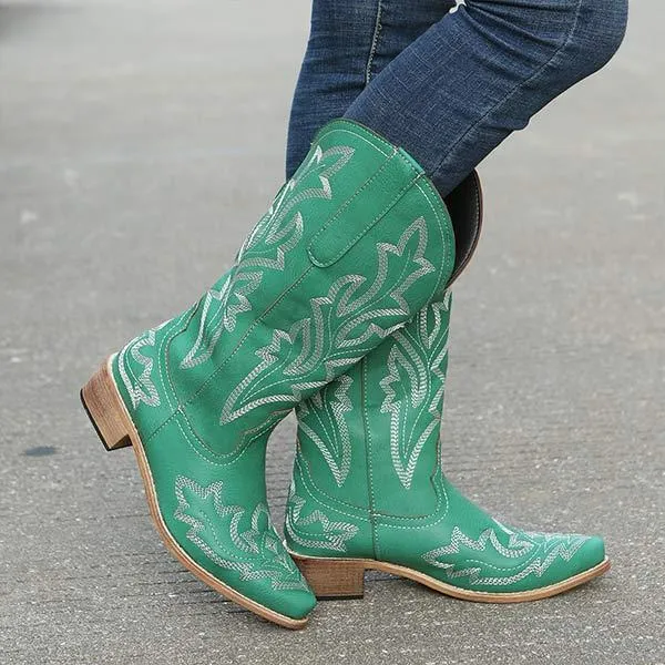 Women's Embroidered Pattern Chunky Heel Knee-High Boots 32045929C
