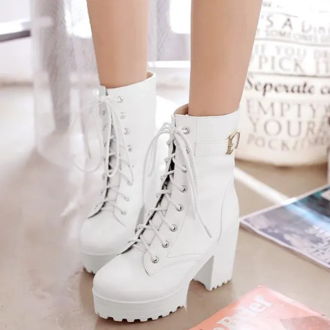 Women's fashion platform thick heeled combat boots lace-up thick boots