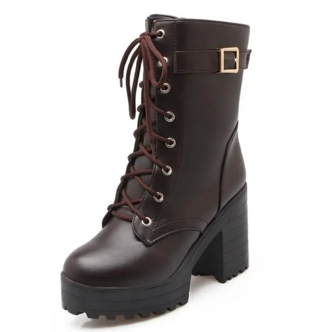 Women's fashion platform thick heeled combat boots lace-up thick boots