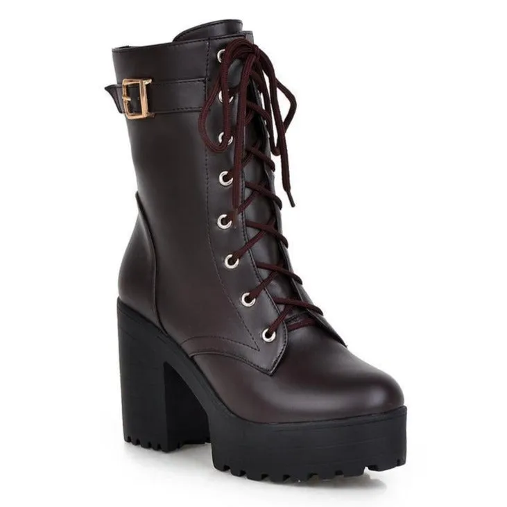 Women's fashion platform thick heeled combat boots lace-up thick boots