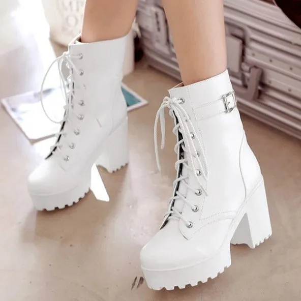 Women's fashion platform thick heeled combat boots lace-up thick boots