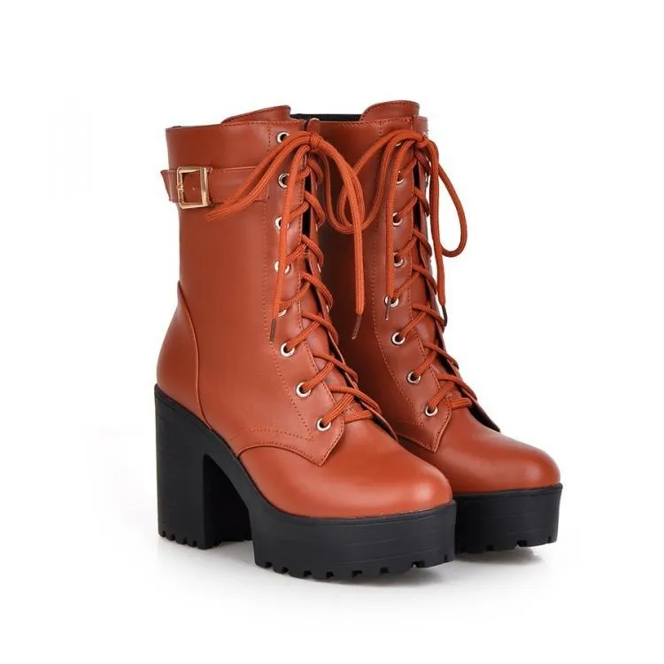 Women's fashion platform thick heeled combat boots lace-up thick boots