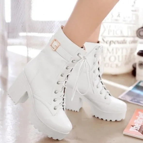 Women's fashion platform thick heeled combat boots lace-up thick boots