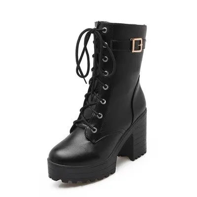 Women's fashion platform thick heeled combat boots lace-up thick boots