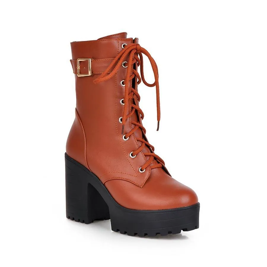 Women's fashion platform thick heeled combat boots lace-up thick boots