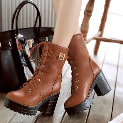 Women's fashion platform thick heeled combat boots lace-up thick boots