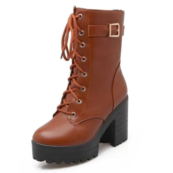 Women's fashion platform thick heeled combat boots lace-up thick boots