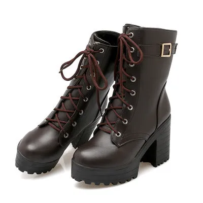 Women's fashion platform thick heeled combat boots lace-up thick boots