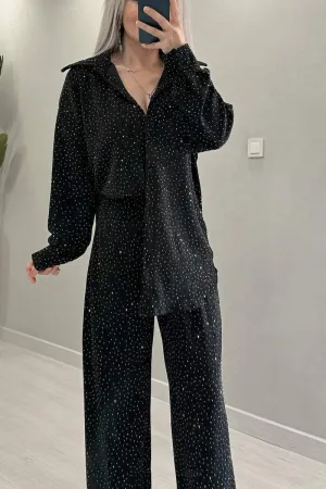 Women's Fashion Rhinestone Shirt and Pants Two-Piece Set