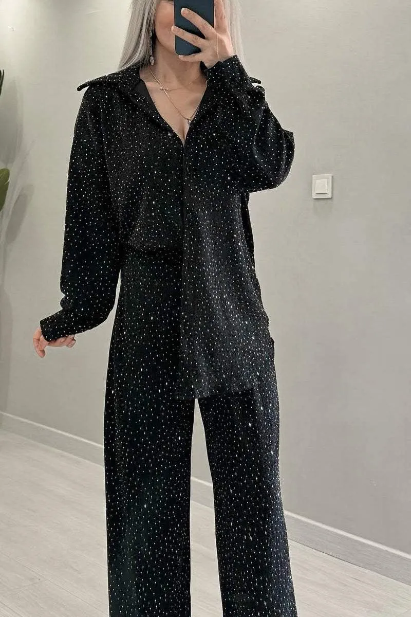 Women's Fashion Rhinestone Shirt and Pants Two-Piece Set