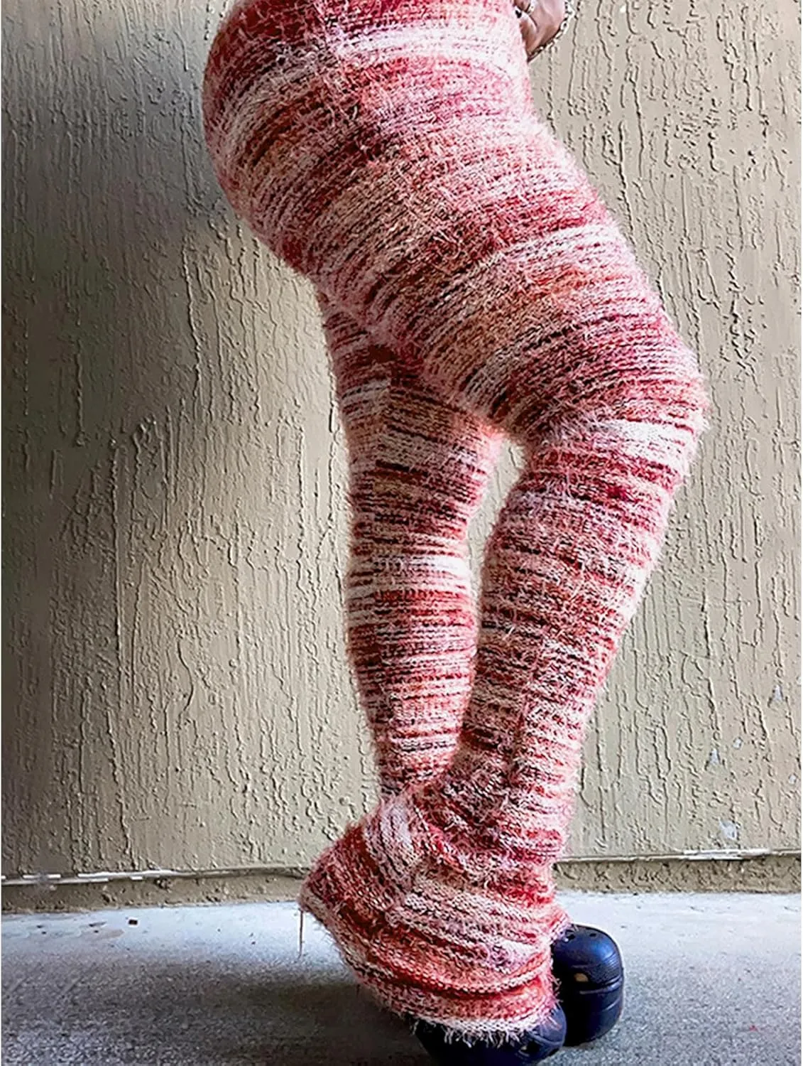 Women's Fleece Stacked Legging Pants High Wasited Colorful Fuzzy Strip Bell Bottom Knit Y2K Party Club Sweatpants