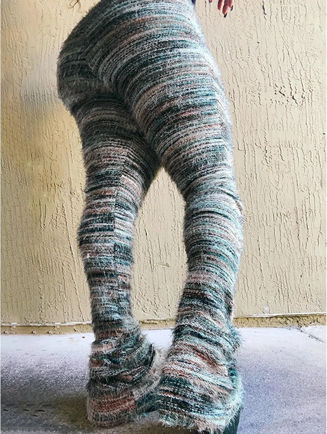 Women's Fleece Stacked Legging Pants High Wasited Colorful Fuzzy Strip Bell Bottom Knit Y2K Party Club Sweatpants