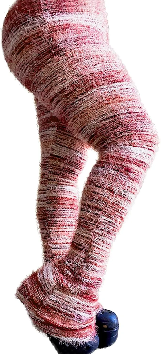 Women's Fleece Stacked Legging Pants High Wasited Colorful Fuzzy Strip Bell Bottom Knit Y2K Party Club Sweatpants