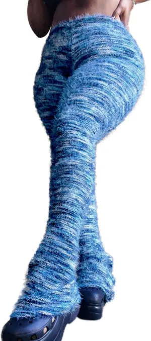 Women's Fleece Stacked Legging Pants High Wasited Colorful Fuzzy Strip Bell Bottom Knit Y2K Party Club Sweatpants