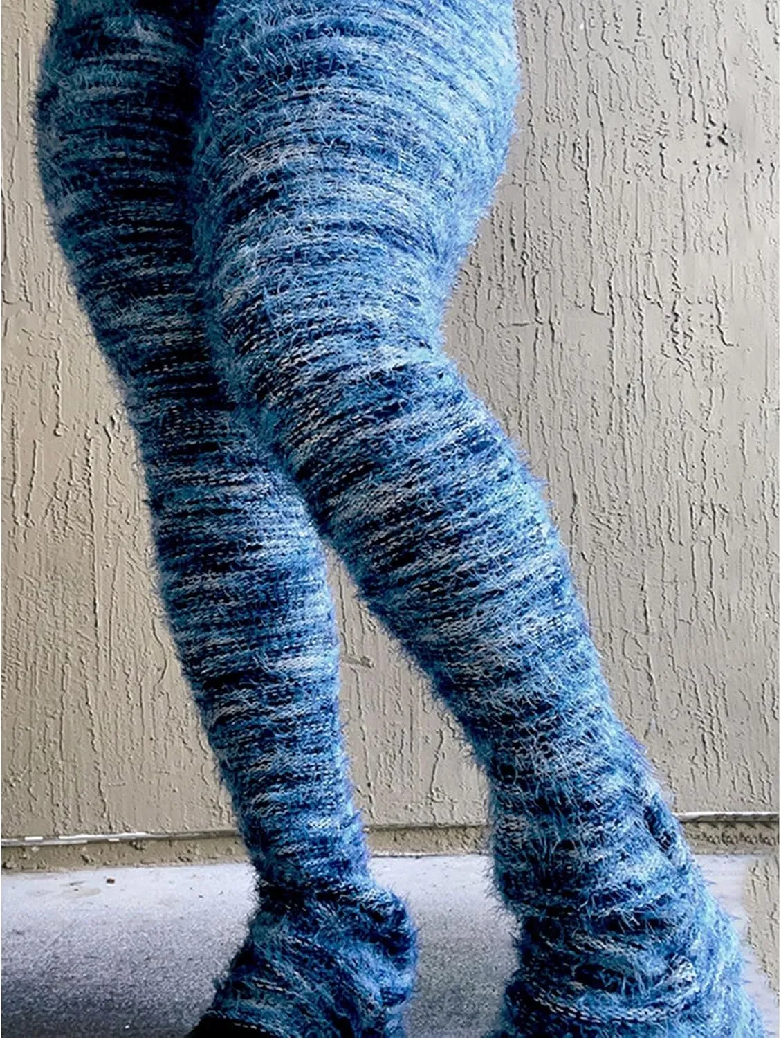 Women's Fleece Stacked Legging Pants High Wasited Colorful Fuzzy Strip Bell Bottom Knit Y2K Party Club Sweatpants