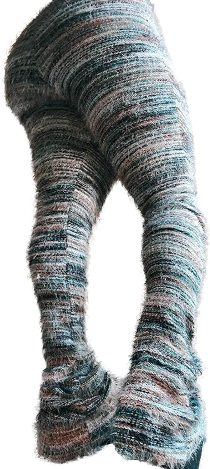 Women's Fleece Stacked Legging Pants High Wasited Colorful Fuzzy Strip Bell Bottom Knit Y2K Party Club Sweatpants