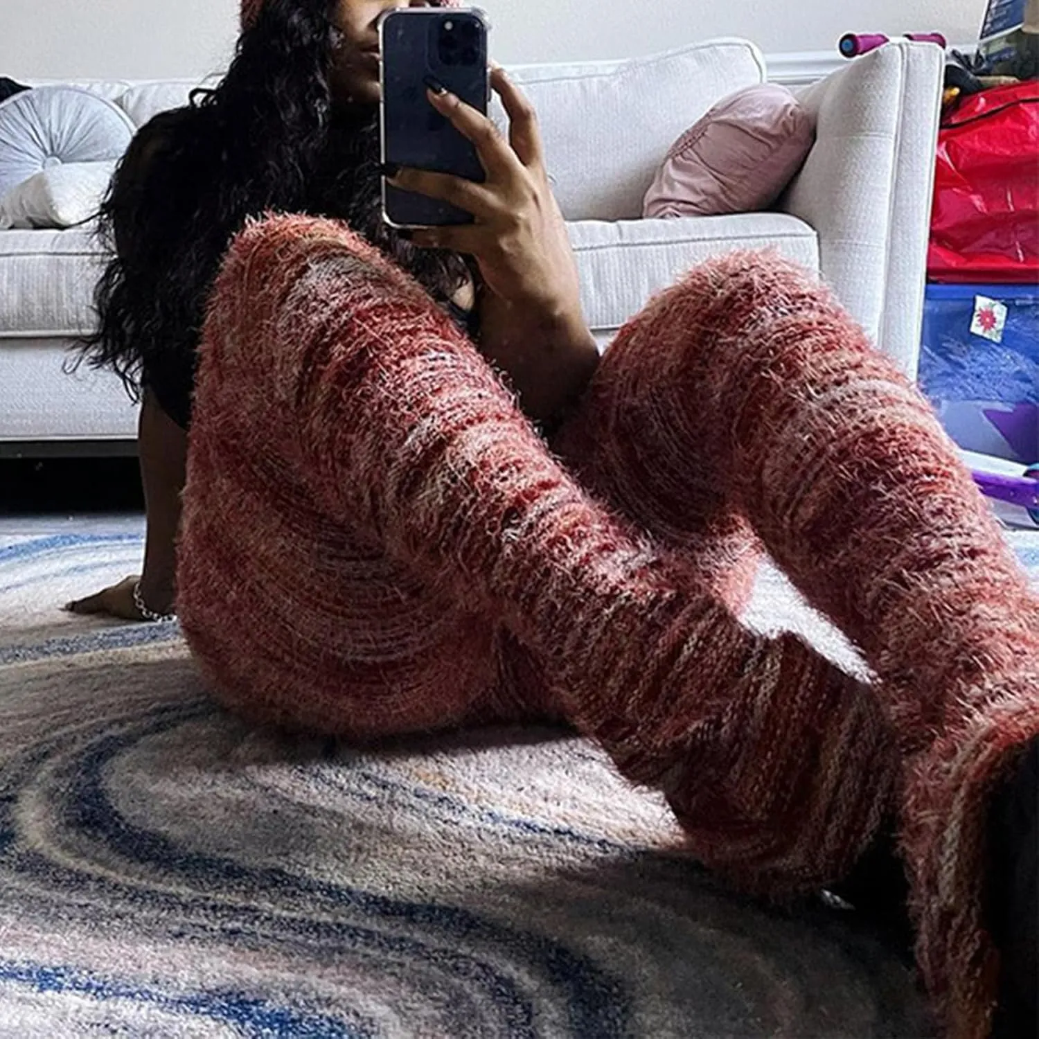 Women's Fleece Stacked Legging Pants High Wasited Colorful Fuzzy Strip Bell Bottom Knit Y2K Party Club Sweatpants
