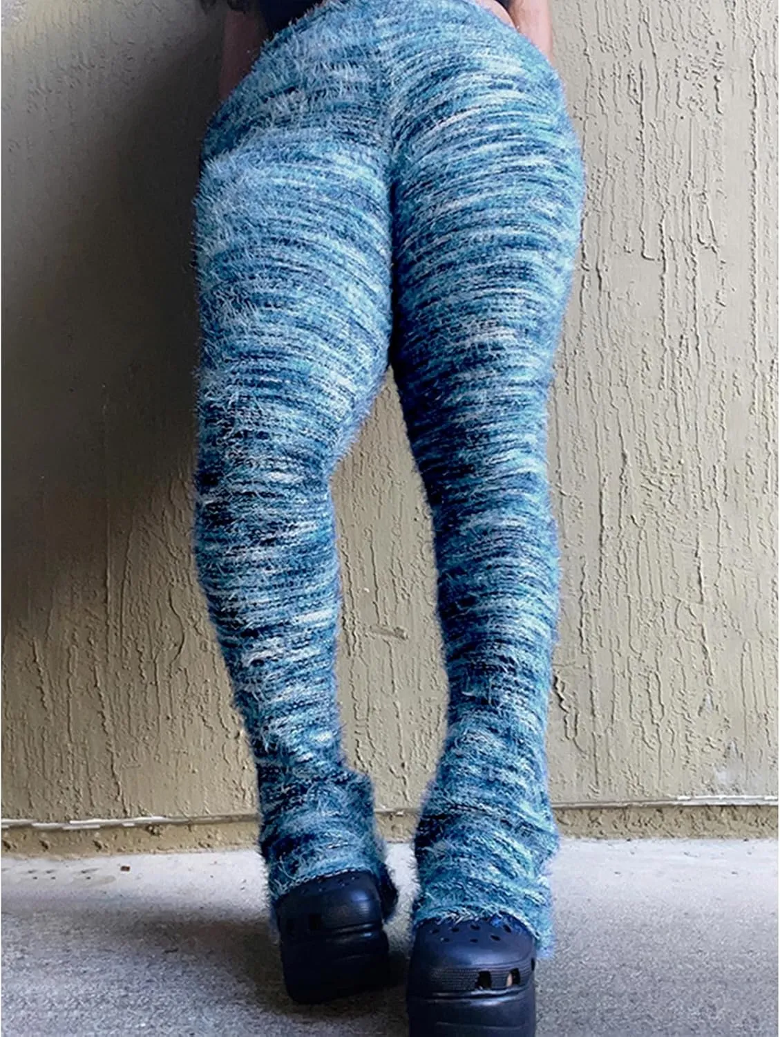 Women's Fleece Stacked Legging Pants High Wasited Colorful Fuzzy Strip Bell Bottom Knit Y2K Party Club Sweatpants