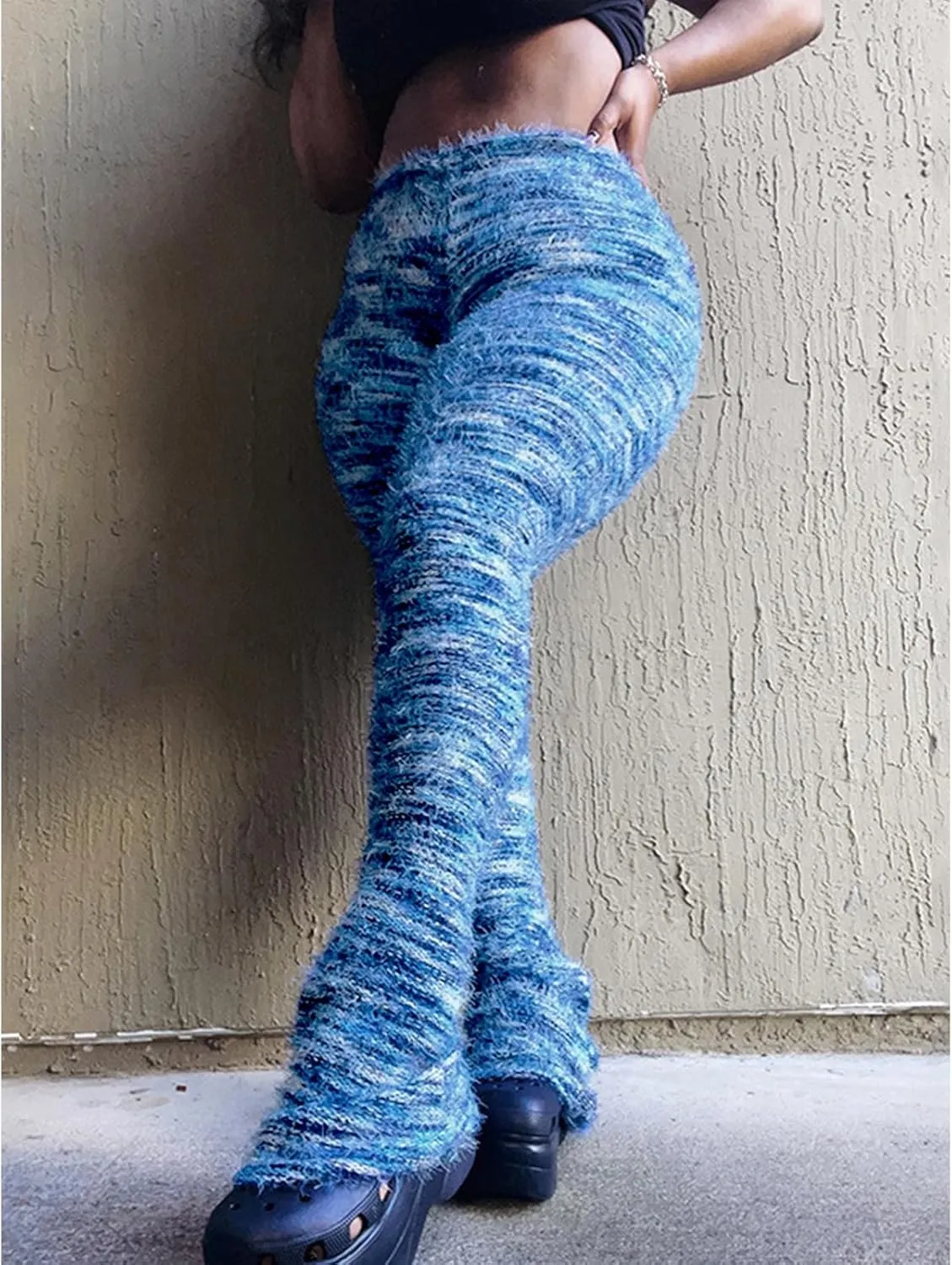 Women's Fleece Stacked Legging Pants High Wasited Colorful Fuzzy Strip Bell Bottom Knit Y2K Party Club Sweatpants