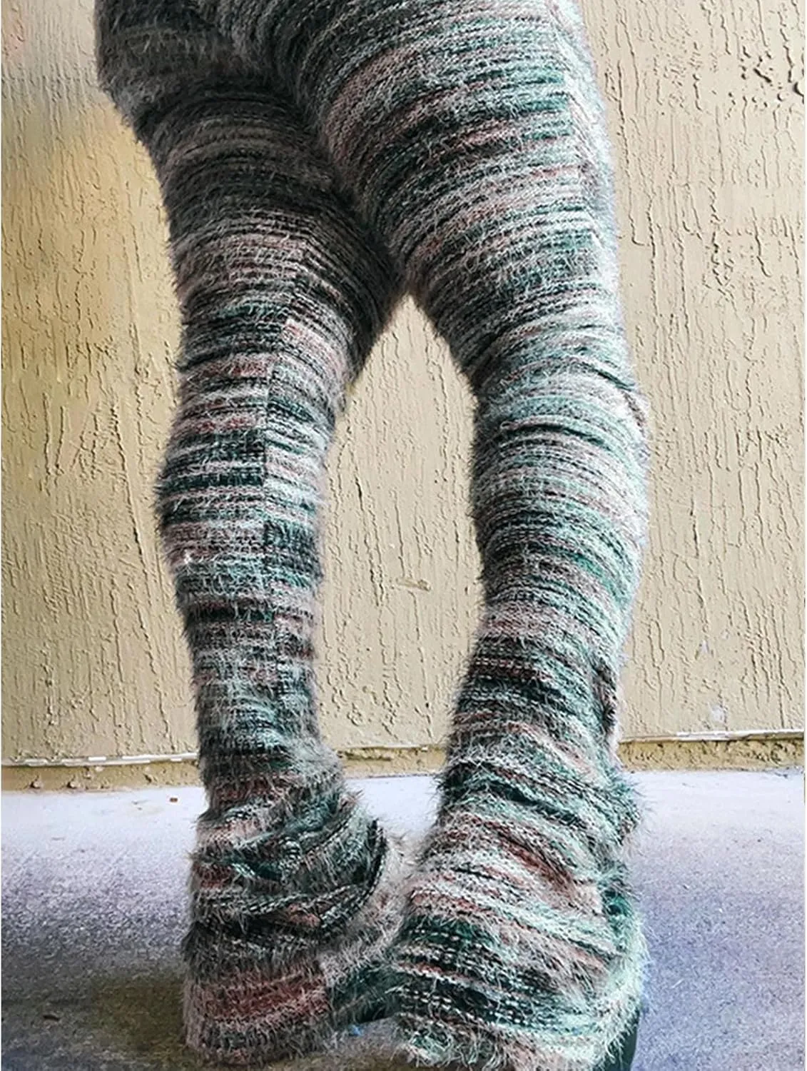 Women's Fleece Stacked Legging Pants High Wasited Colorful Fuzzy Strip Bell Bottom Knit Y2K Party Club Sweatpants