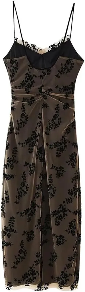 Women's Floral Patchwork Dress Mesh Spaghetti Strap Backless Slim Fit Midi Dress Bodycon Evening Gown