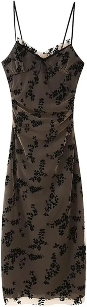 Women's Floral Patchwork Dress Mesh Spaghetti Strap Backless Slim Fit Midi Dress Bodycon Evening Gown