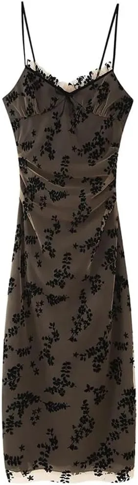 Women's Floral Patchwork Dress Mesh Spaghetti Strap Backless Slim Fit Midi Dress Bodycon Evening Gown