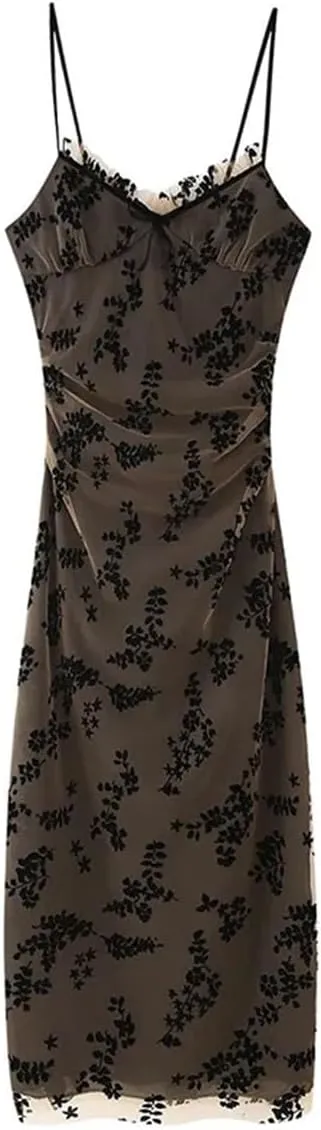 Women's Floral Patchwork Dress Mesh Spaghetti Strap Backless Slim Fit Midi Dress Bodycon Evening Gown