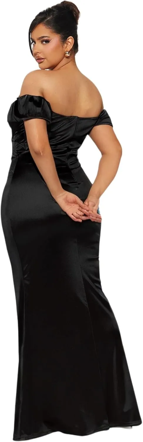 Womens Formal Party Dresses Ruffle High Slit Sexy Evening Curvy Wrap Long Black Dresses