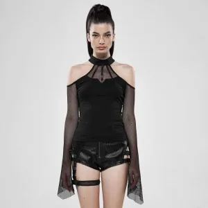 Women's Goth Off Shoulder Halterneck Toned Horn Sleeved Mesh Tops
