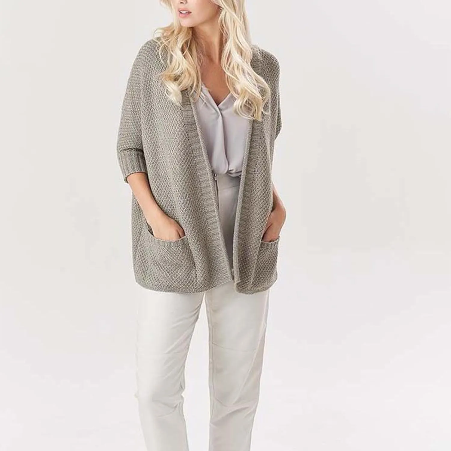 Women's Half Sleeve Cardigan Sweaters Oversized Open Front Chunky Knit Outwear Casual Soft Solid Coat with Pockets
