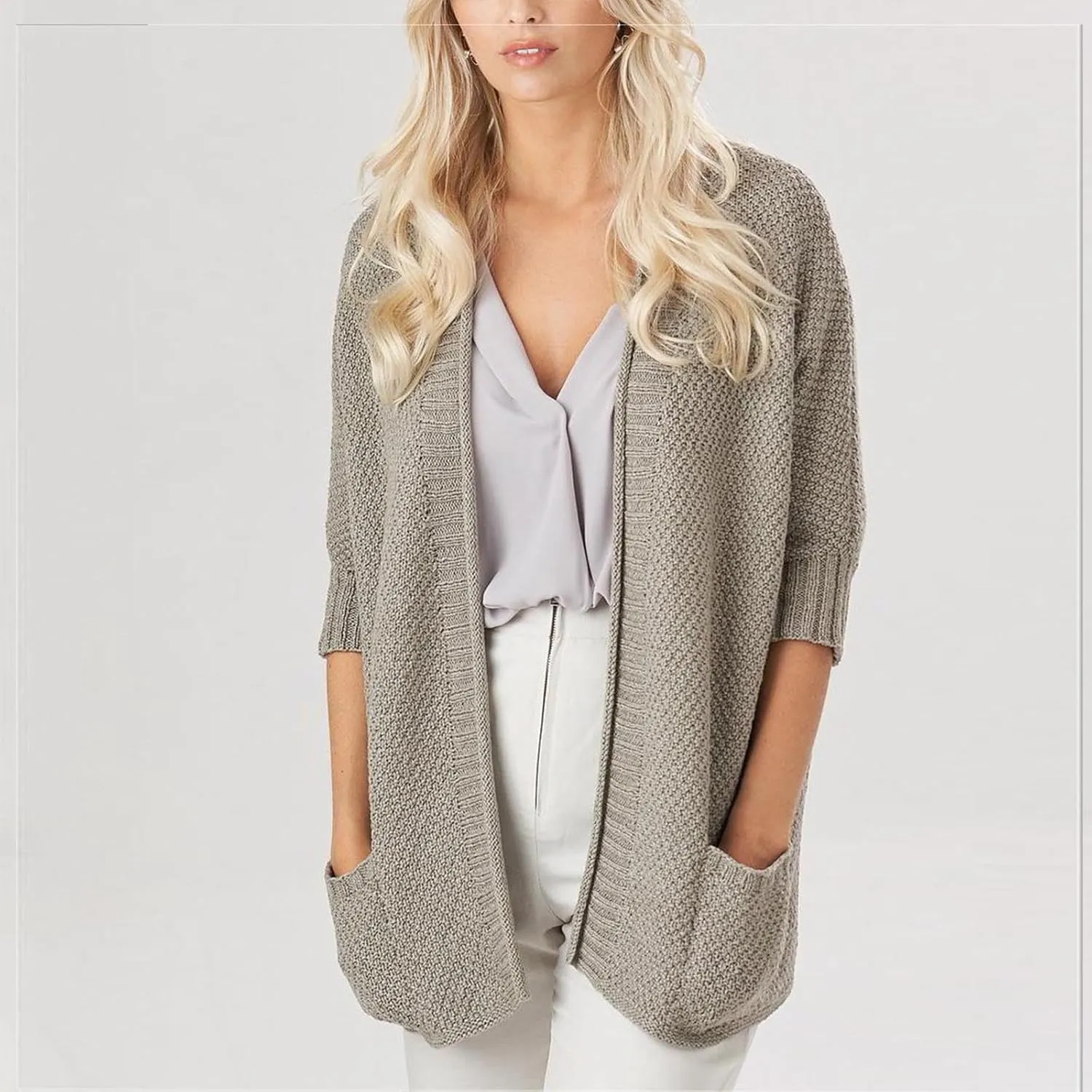 Women's Half Sleeve Cardigan Sweaters Oversized Open Front Chunky Knit Outwear Casual Soft Solid Coat with Pockets