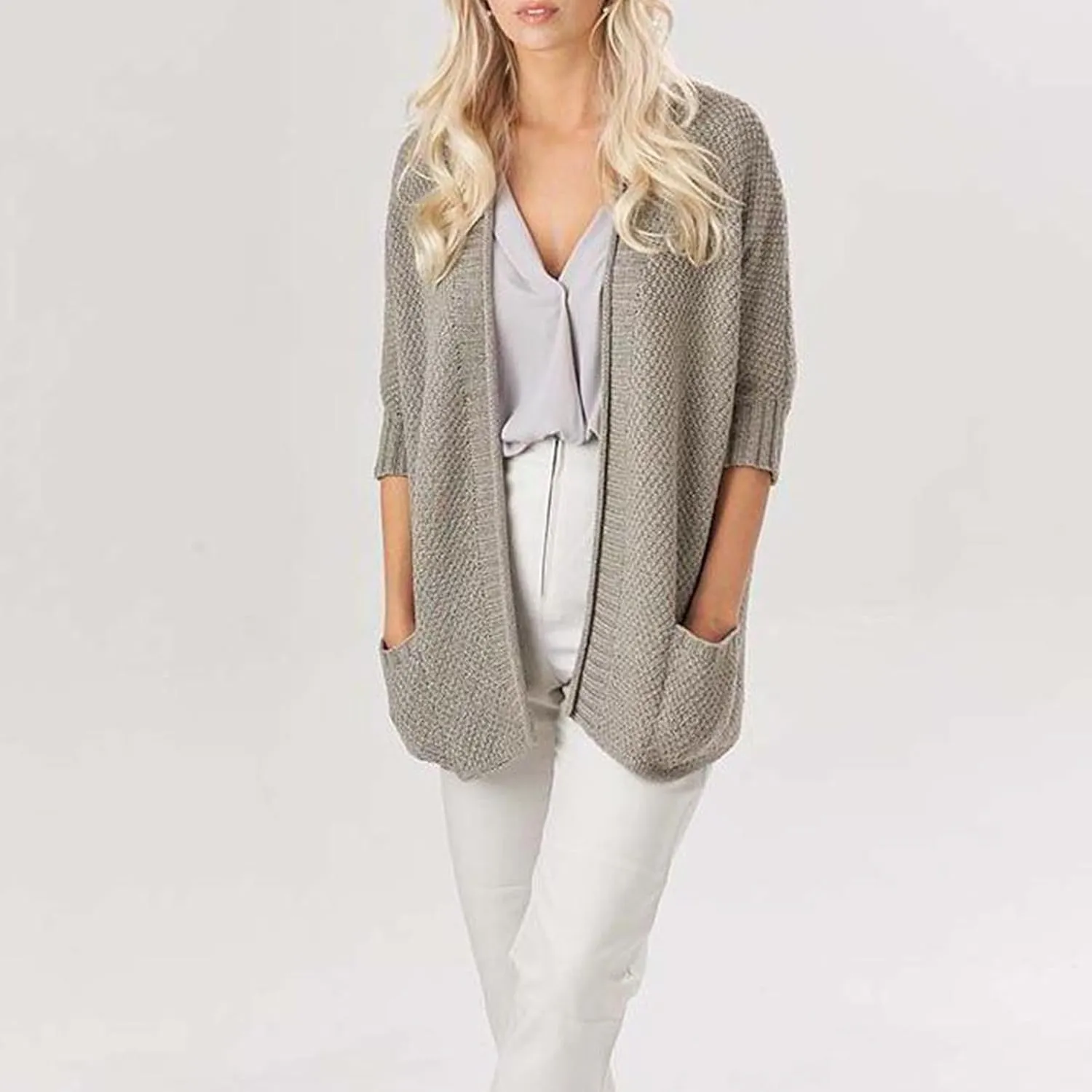 Women's Half Sleeve Cardigan Sweaters Oversized Open Front Chunky Knit Outwear Casual Soft Solid Coat with Pockets