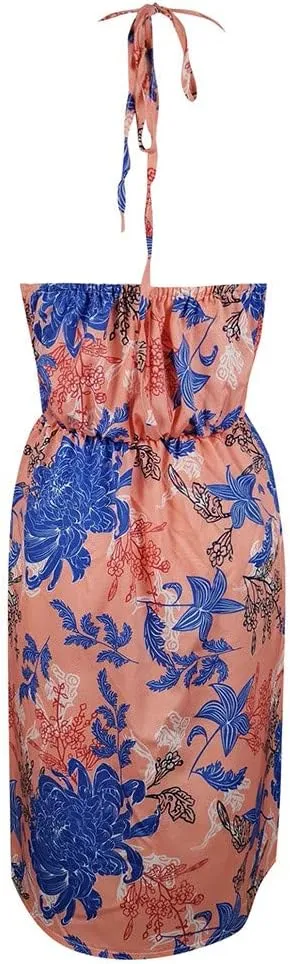 Women's Halter Neck Floral Dresses, Summer Casual Print Sleeveless Mini Hollow Out Neck Dress