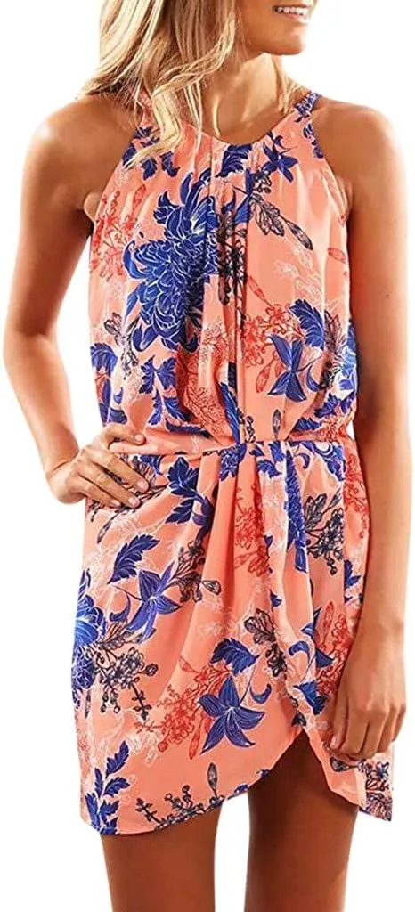 Women's Halter Neck Floral Dresses, Summer Casual Print Sleeveless Mini Hollow Out Neck Dress