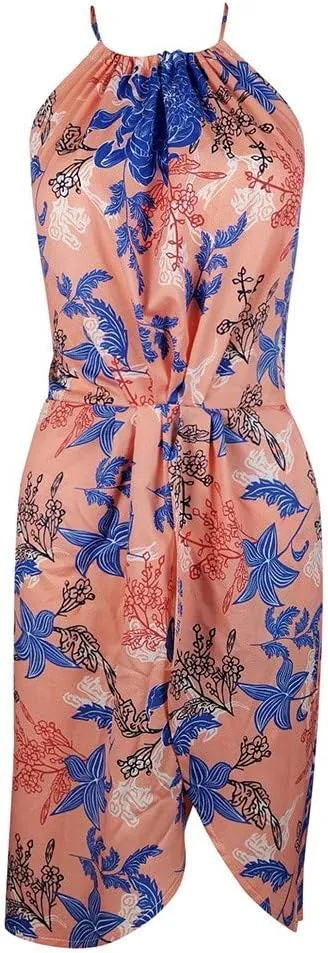 Women's Halter Neck Floral Dresses, Summer Casual Print Sleeveless Mini Hollow Out Neck Dress