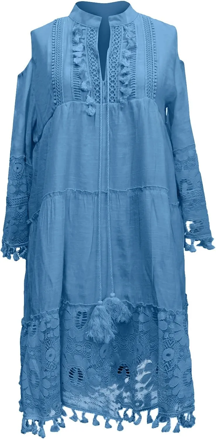 Women's Halter Tassel Off Shoulder Ripple Printed Lace Loose Beach Dress
