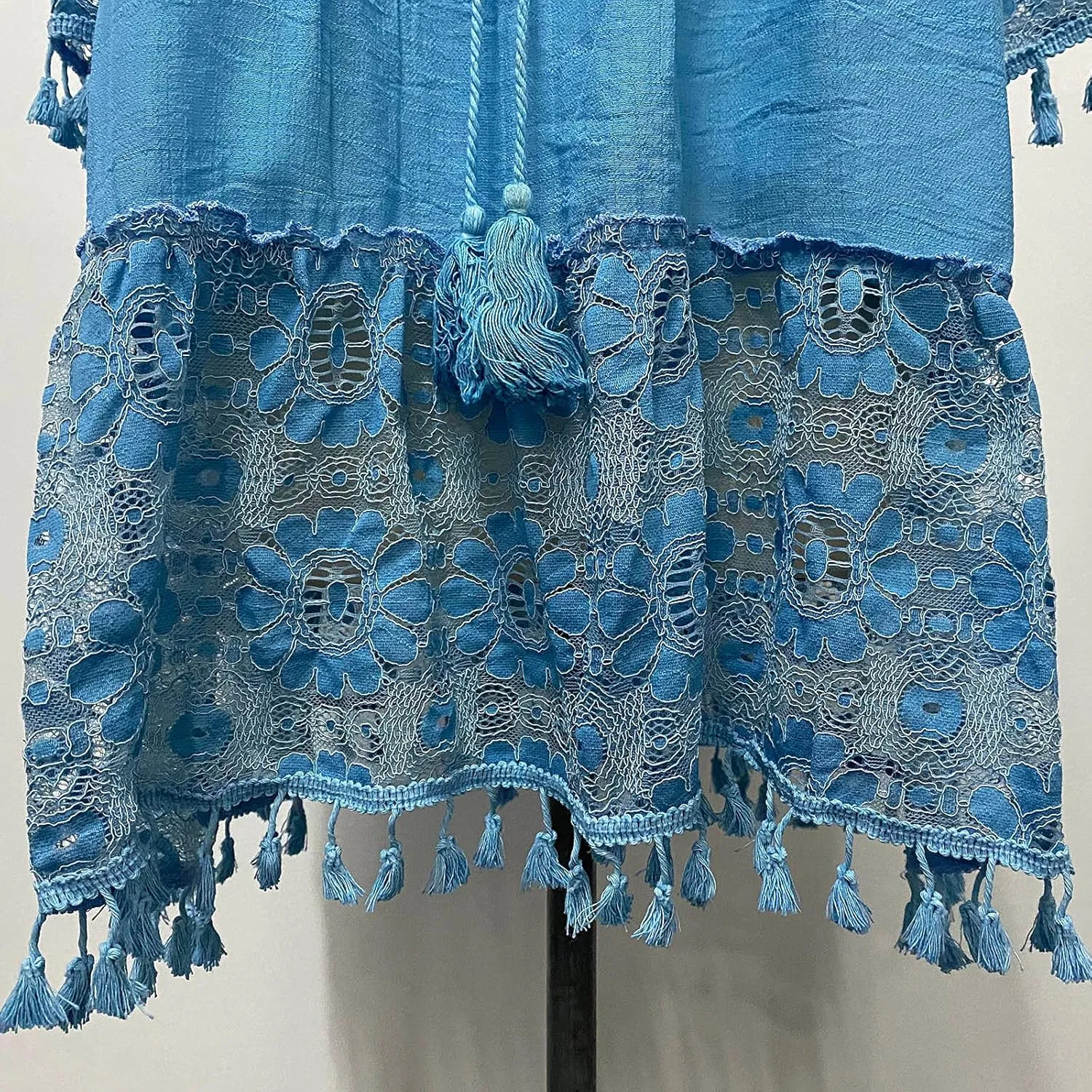 Women's Halter Tassel Off Shoulder Ripple Printed Lace Loose Beach Dress