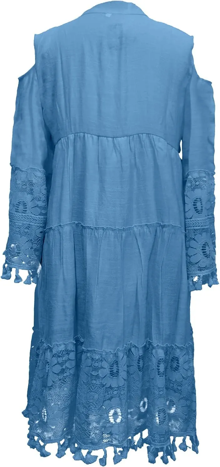 Women's Halter Tassel Off Shoulder Ripple Printed Lace Loose Beach Dress