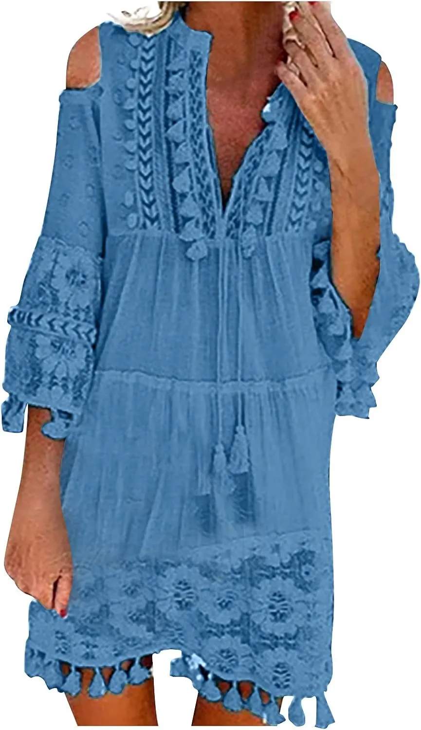 Women's Halter Tassel Off Shoulder Ripple Printed Lace Loose Beach Dress