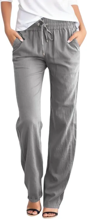 Women's High Waist Slim Straight Leg Pants Elastic Waist with Drawstring Summer Casual Pants with Pockets