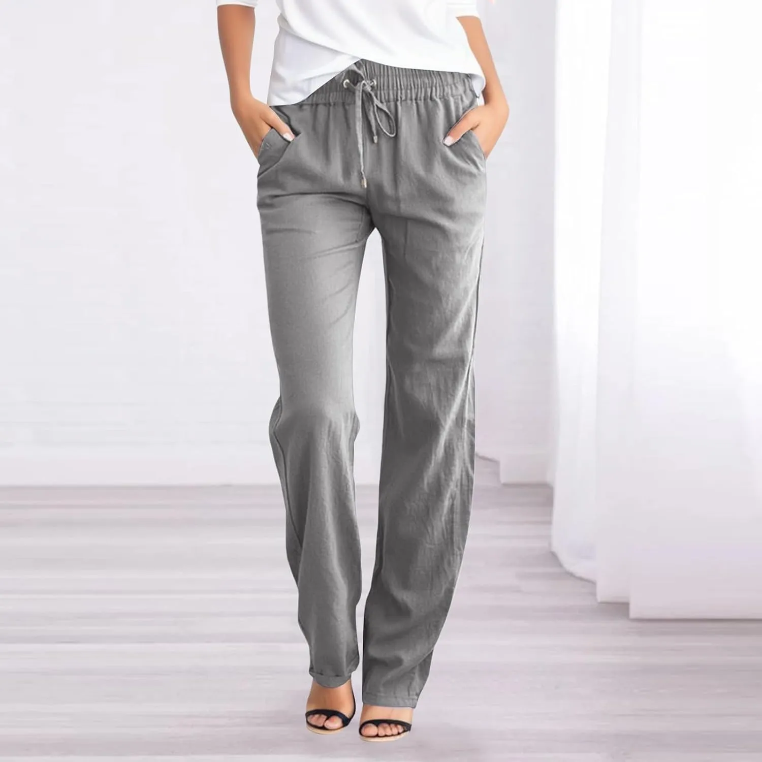 Women's High Waist Slim Straight Leg Pants Elastic Waist with Drawstring Summer Casual Pants with Pockets