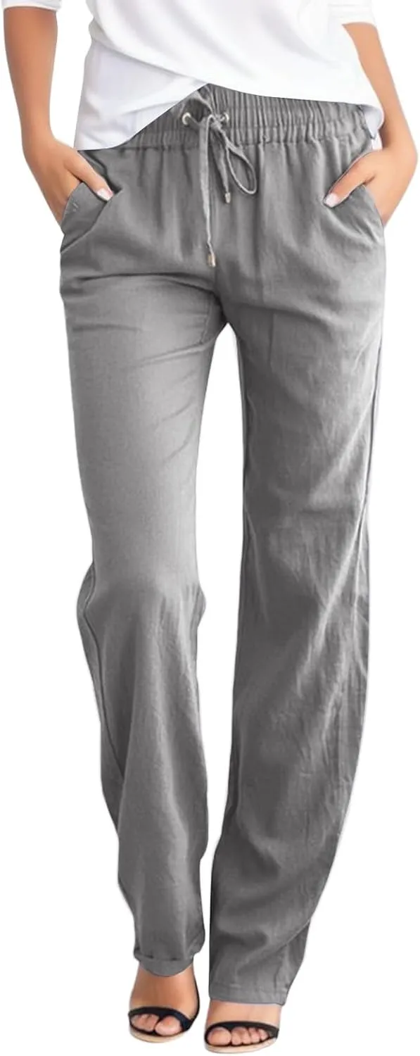 Women's High Waist Slim Straight Leg Pants Elastic Waist with Drawstring Summer Casual Pants with Pockets