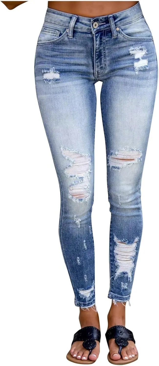 Women's High Waisted Jeans for Women Distressed Ripped Jeans Slim Fit Butt Lifting Skinny Stretch Jeans Denim Pants
