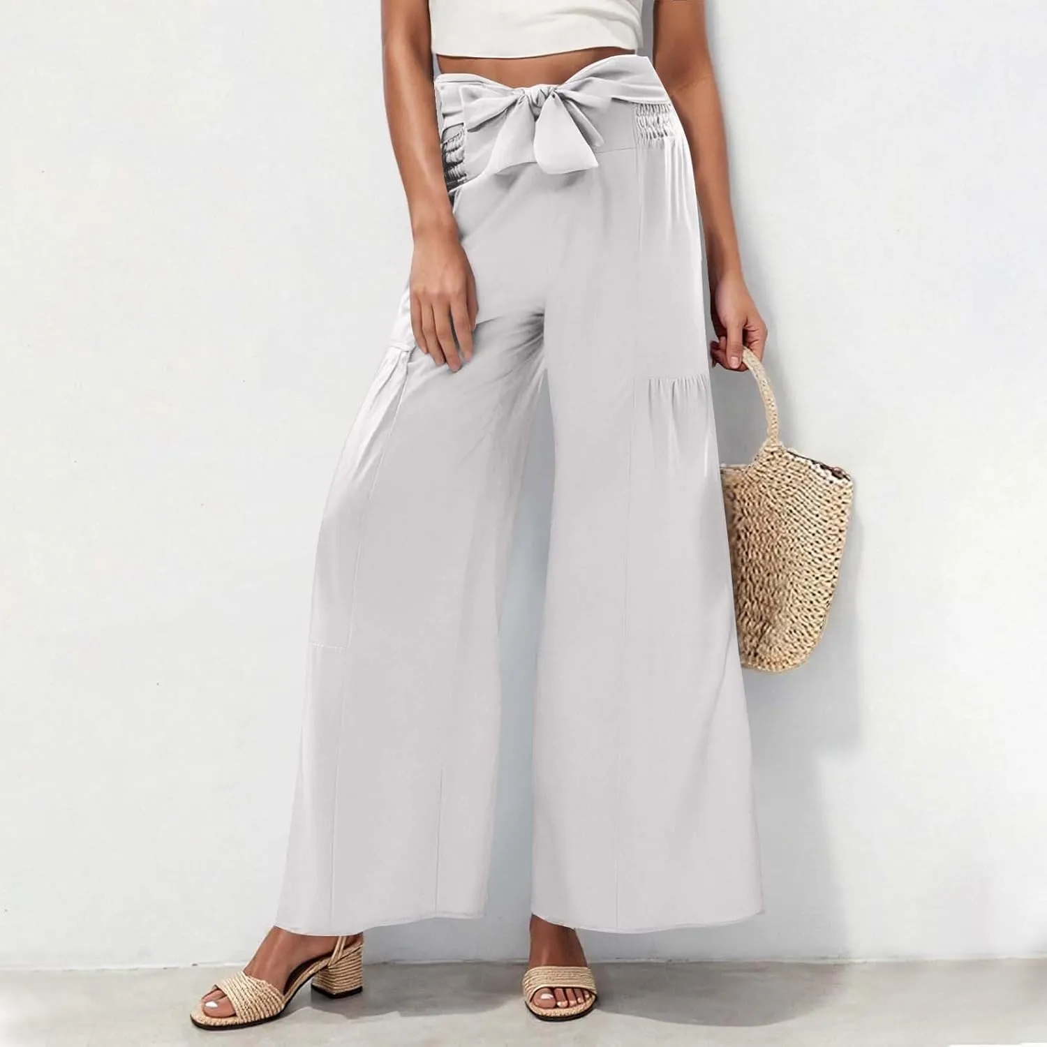 Womens High Waisted Wide Leg Pants Palazzo Beach Trousers Lace Up Flowy Summer Boho Pants Trendy Vacation Outift 2025