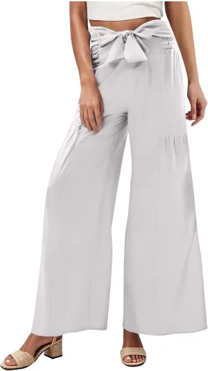 Womens High Waisted Wide Leg Pants Palazzo Beach Trousers Lace Up Flowy Summer Boho Pants Trendy Vacation Outift 2025