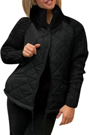 Women's Knit Patchwork Puffy Jacket Patchwork Jackets for Women 2024 Cozy Fall/Winter Outerwear Ski Apparel