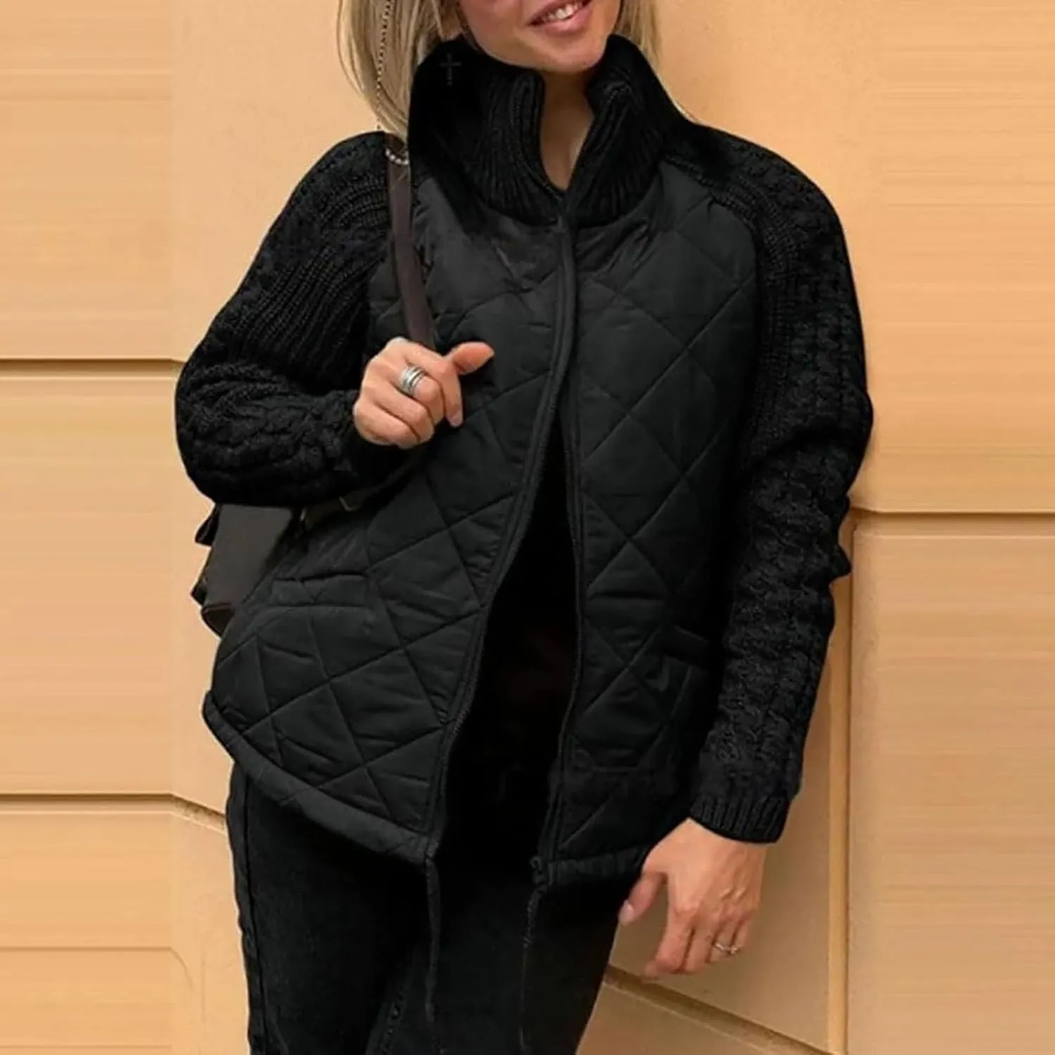 Women's Knit Patchwork Puffy Jacket Patchwork Jackets for Women 2024 Cozy Fall/Winter Outerwear Ski Apparel