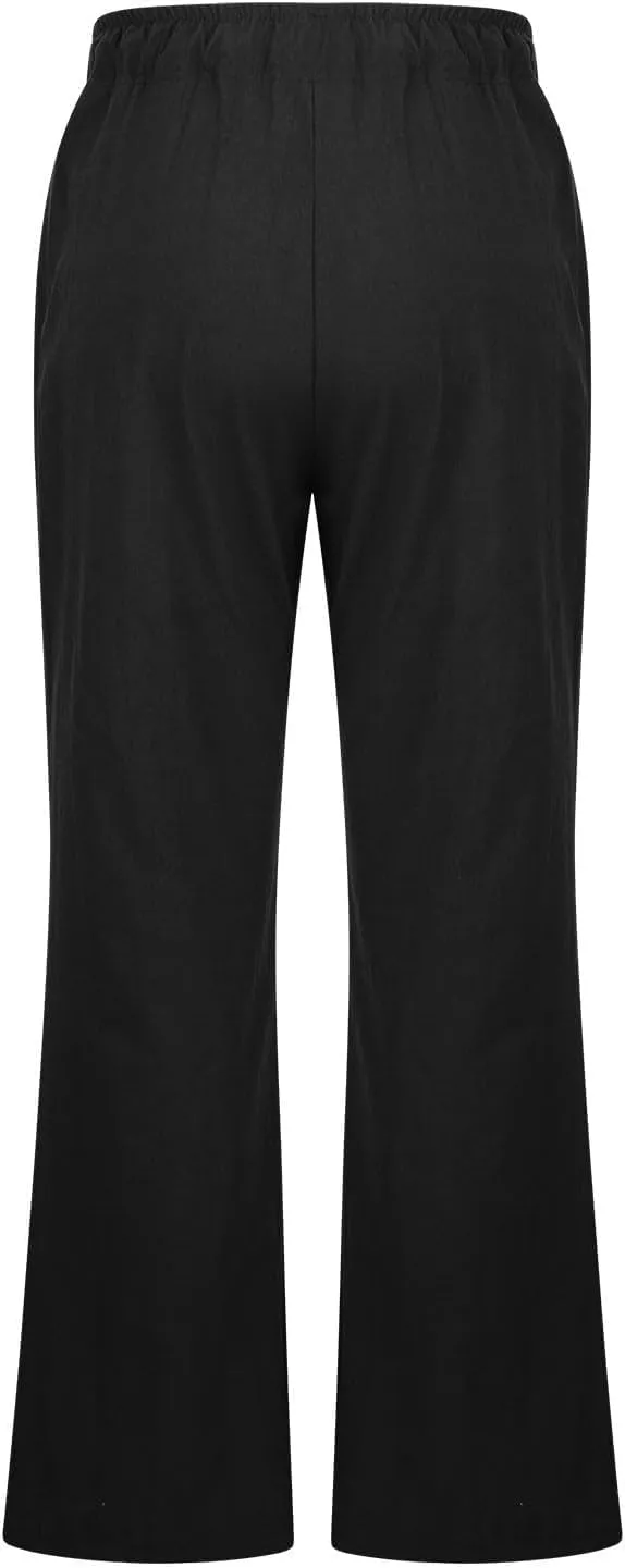 Women's Linen Palazzo Pants Drawstring Summer High Waisted Trousers Casual Loose Wide Leg Dress Pants with Pockets