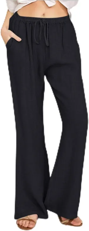 Women's Linen Palazzo Pants Drawstring Summer High Waisted Trousers Casual Loose Wide Leg Dress Pants with Pockets
